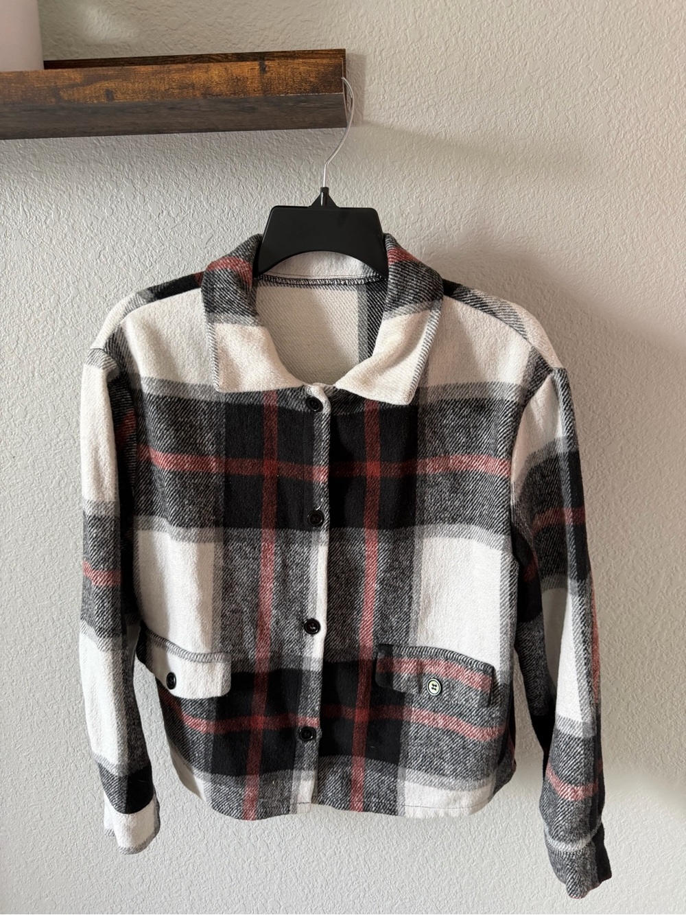 Plaid Button-Front Women's Cropped Jacket in Black, White & Red